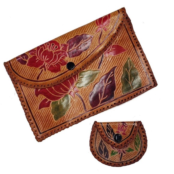 Leather Embossed Tooled Clutch Coin Purse 2pc Set Brown Tan Handmade Boho - Picture 2 of 9